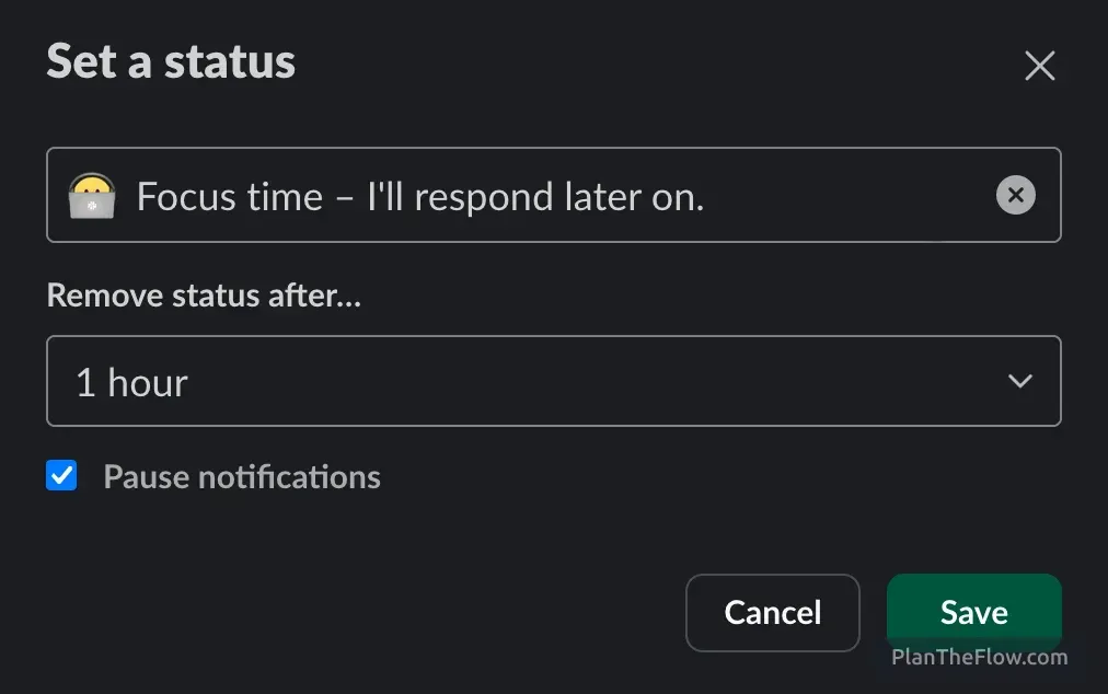 Setting Slack status to focus time