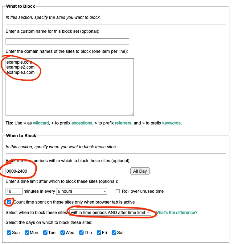 LeechBlock configuration showing domain blocking settings with time periods and access limits highlighted. The interface displays fields for blocked domains, an "All day" time selection, and a "10 minutes every 6 hours" time limit option.