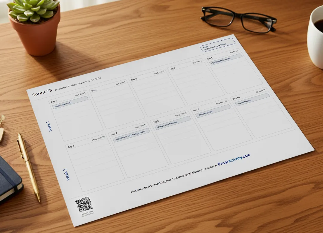 The Sprint Planner tool displayed on a laptop on a clean desk, showing a focused, simple sprint plan.